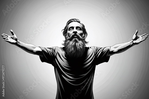 Simple, iconic illustration of a benevolent bearded figure with outstretched arms, set against a plain background, photo