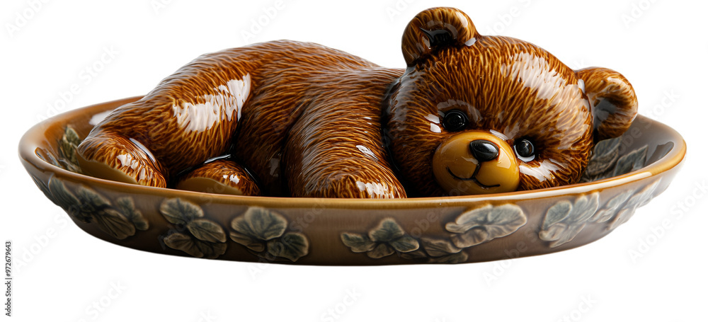 A brown teddy bear nestled comfortably in a decorative bowl, showcasing its soft fur and charming expression.
A brown teddy bear nestled comfortably in a decorative bowl, showcasing its soft fur and charming expression.