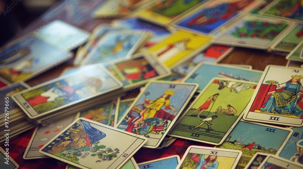 Obraz premium A colorful spread of tarot cards, ready for a reading.
