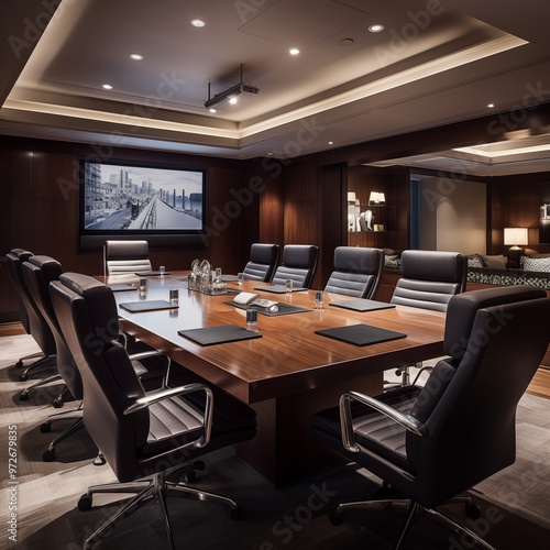 A high-end boardroom with a large conference table executive chairs and a digital projector.Generative AI illustration