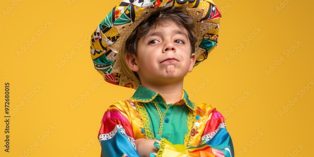 A young boy poses confidently in a colorful traditional outfit and sombrero against a bright yellow background, showcasing cultural attire with pride during a festive celebration A young boy poses confidently in a colorful traditional outfit and sombrero against a bright yellow background, showcasing cultural attire with pride during a festive celebration