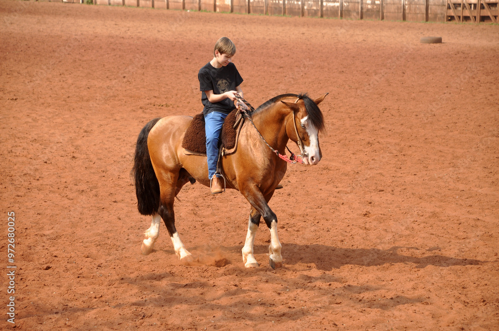 Menino cavaleiro andando de cavalo em arena de terra 