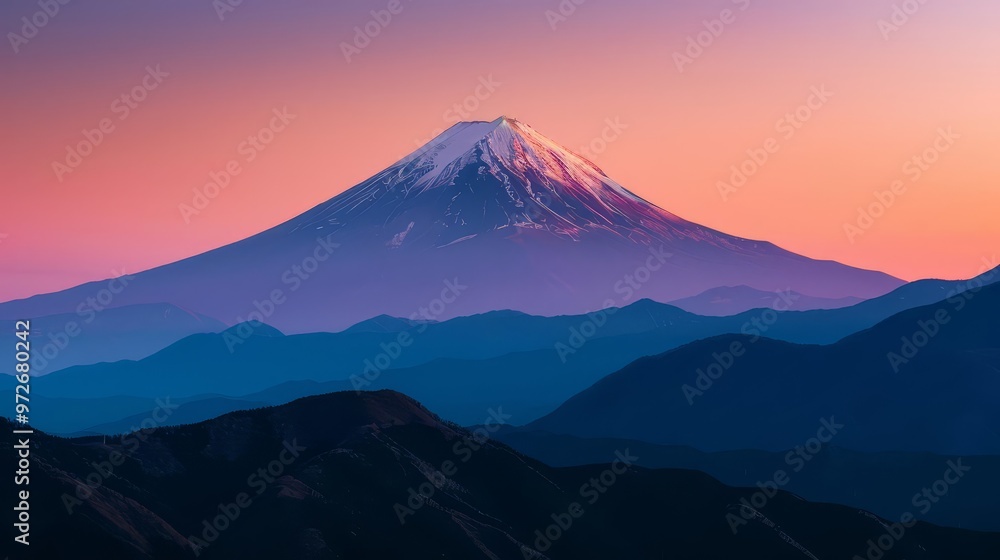 Majestic Mount Fuji at sunset, showcasing its snow-capped peak and the surrounding mountain ranges. Majestic Mount Fuji at sunset, showcasing its snow-capped peak and the surrounding mountain ranges.