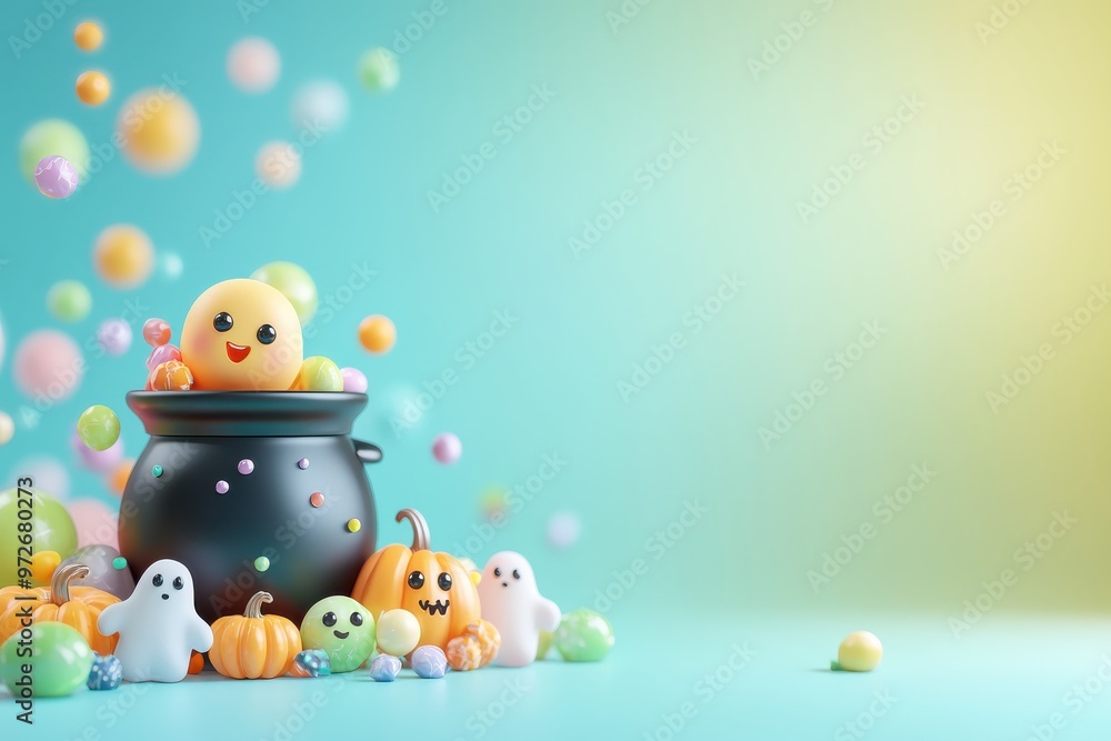 Cute plush chicks emerging from pot with colorful Easter eggs and decorations Cute plush chicks emerging from pot with colorful Easter eggs and decorations