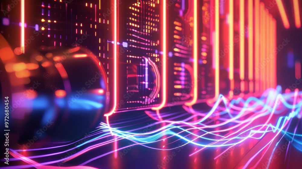 Abstract futuristic server room with neon lights and glowing data cables. Abstract futuristic server room with neon lights and glowing data cables.