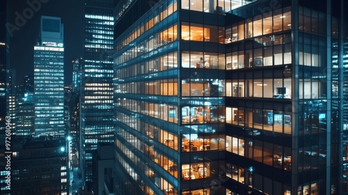 A high-rise office building lit up at night with election news projected onto its facade