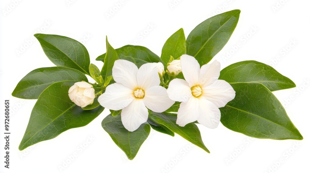 Obraz premium A beautiful arrangement of delicate white flowers and vibrant green leaves, perfect for backgrounds or floral designs.