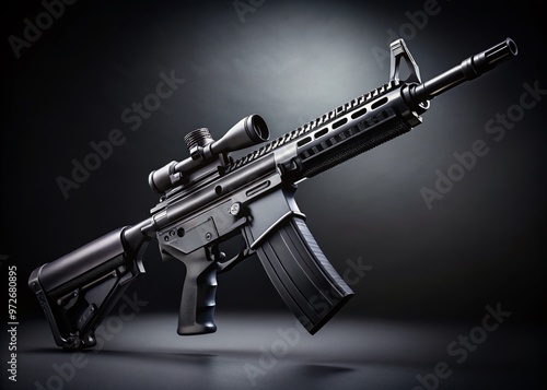 Sleek, black, and intimidating, this modern assault rifle lies on a dark background, its metal components and ergonomic