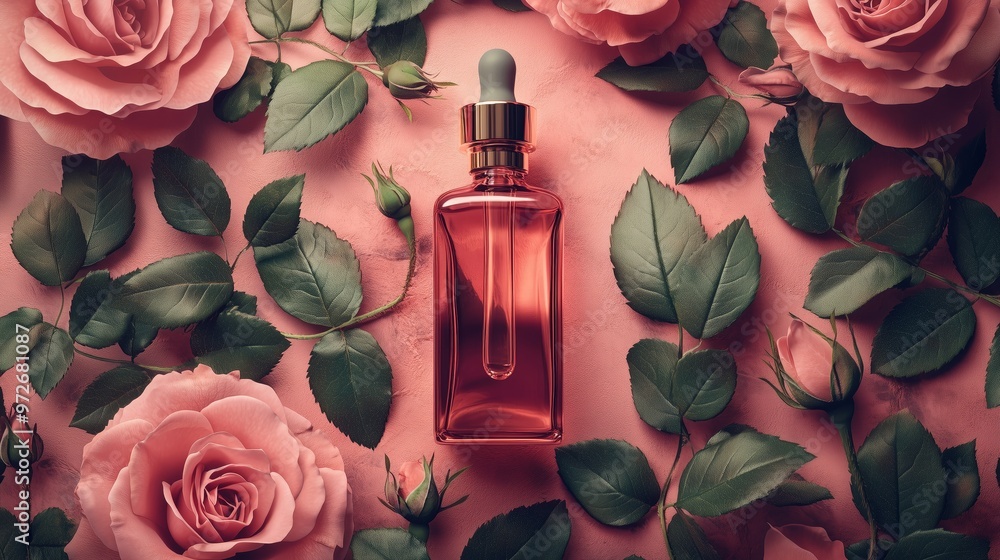 A rose oil with a few rose and leaves around. A rose oil with a few rose and leaves around.