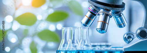 Laboratory microscope and test tubes illuminated by natural light, showcasing a scientific environment dedicated to research and experimentation in a modern lab setting