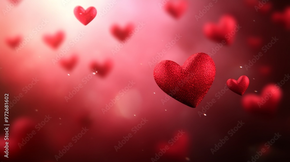Red Velvet Hearts Floating on Romantic Pink Background. Valentines Day Love Concept. Red Velvet Hearts Floating on Romantic Pink Background. Valentines Day Love Concept.