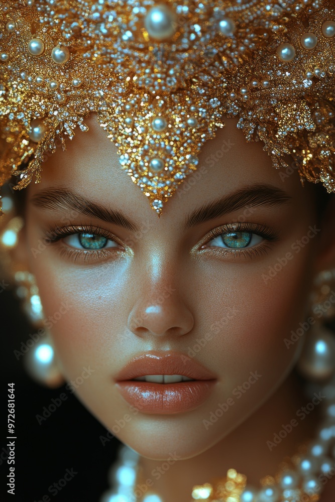 A beautiful woman wearing an elaborate gold and pearls and diamonds. A beautiful woman wearing an elaborate gold and pearls and diamonds.