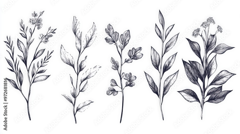 Naklejka premium Five Hand-Drawn Floral Illustrations.