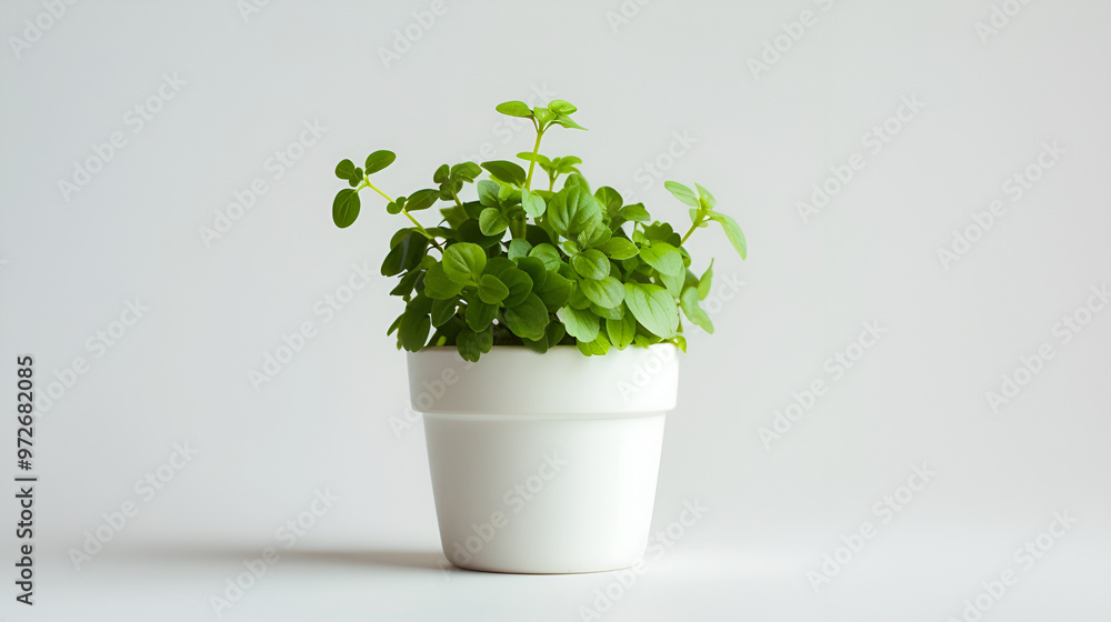 Peas Growing In White Pot On White Background ,Fresh oregano plant in a pot on a white background