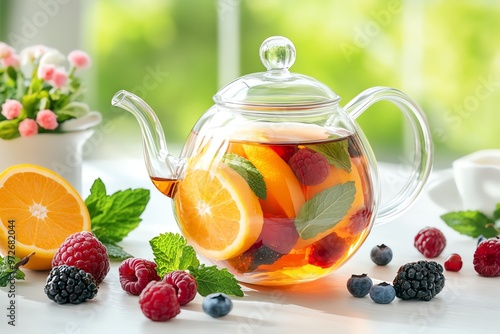 A vibrant glass teapot filled with fruity tea, showcasing orange slices, berries, and fresh mint leaves, perfect for a refreshing drink. photo