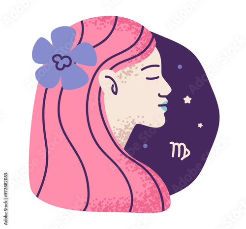 Virgo zodiac sign, the maiden. Astrology design highlights Virgo’s analytical and detail-oriented nature, perfect for horoscope themes. Flat vector illustration