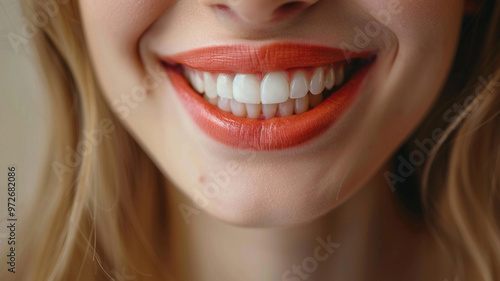 A bright smile showcases vibrant, healthy teeth, radiating joy and confidence. warm orange lipstick enhances cheerful expression, making smile even more captivating