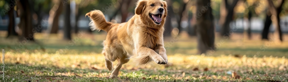 A joyful golden retriever plays in a sunlit park, surrounded by trees and lush grass. vibrant scene embodies freedom, companionship, and the love of nature. A joyful golden retriever plays in a sunlit park, surrounded by trees and lush grass. vibrant scene embodies freedom, companionship, and the love of nature.