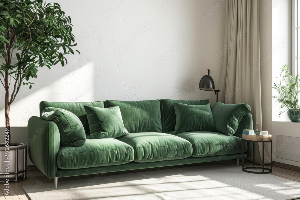 Fototapeta premium A modern living room boasts a plush emerald-green sofa with matching cushions, a colorful blue mug on a stylish side table, and natural light illuminating minimalistic decor.