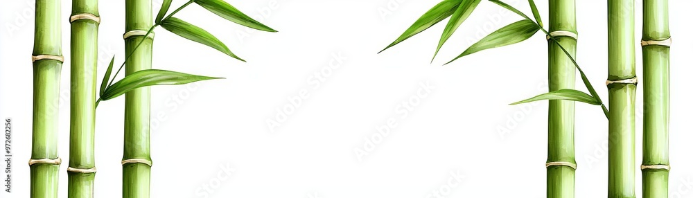 Obraz premium A serene arrangement of green bamboo stalks framing a blank space, perfect for design and natural-themed projects.