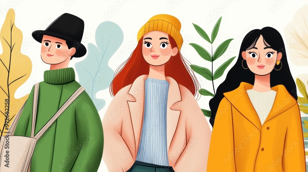 Three people standing next to each other with leaves in the background, AI Three people standing next to each other with leaves in the background, AI