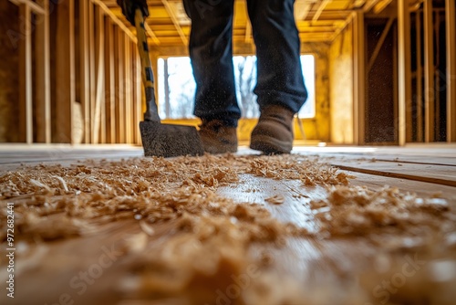 Construction worker laying laminate flooring on a new house construction site, closeup