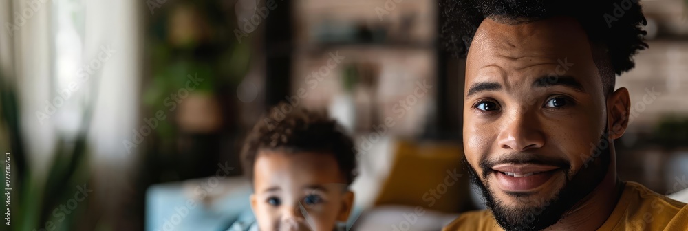 A young man looks at the camera while his son sits in the background. A young man looks at the camera while his son sits in the background.