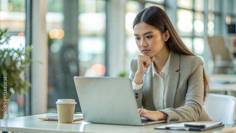 Young serious busy professional business woman employee or student using laptop watching online webinar or training web course, looking at computer, thinking, doing research concept Young serious busy professional business woman employee or student using laptop watching online webinar or training web course, looking at computer, thinking, doing research concept