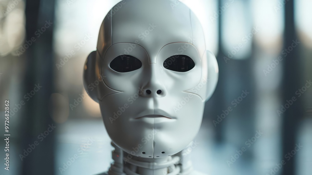 Close-up portrait of a white humanoid robot with black eyes. Close-up portrait of a white humanoid robot with black eyes.