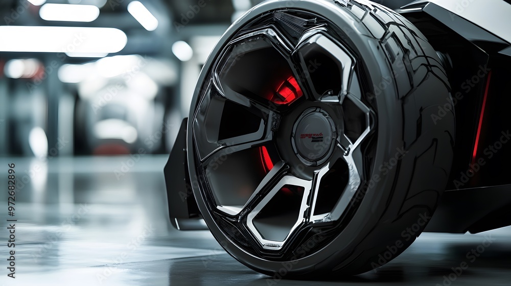 Fototapeta premium Close-up of a Black Wheel with Red Brake Calipers and a Brand Logo