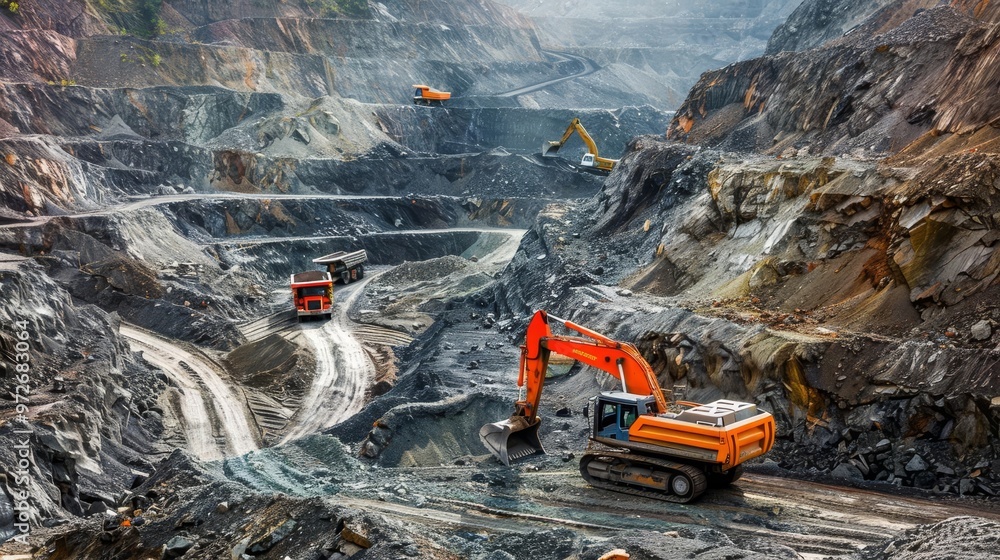 Heavy machinery works in a large open-pit mine. Heavy machinery works in a large open-pit mine.
