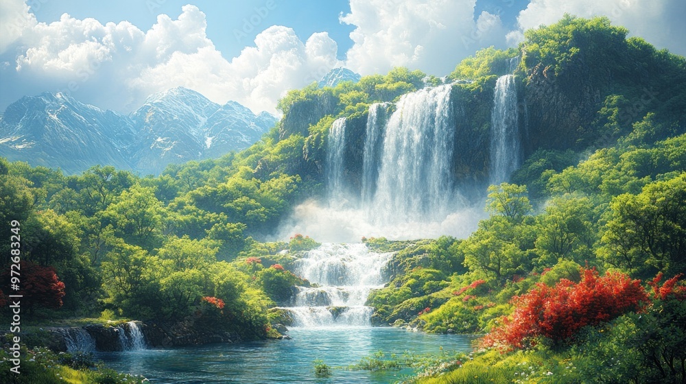 Fototapeta premium Serene landscape with waterfalls and lush greenery under a blue sky.