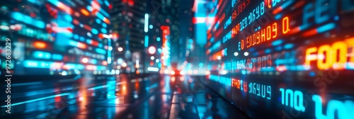 Abstract digital city with glowing neon lights and numbers.