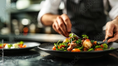 Close up of a chef plating a delicious meal in a restaurant kitchen. photo