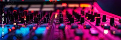 Close-up of a sound mixer with glowing buttons and faders. photo