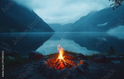 campfire on the edge of a peaceful lake, surrounded by towering mountains and pine trees at dusk.