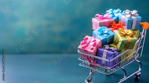 A shopping cart overflowing with colorful gift boxes, perfect for holiday shopping or celebration. photo