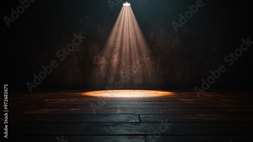 A single spotlight illuminates a wooden stage in a dark room. The light creates a circular beam on the floor.