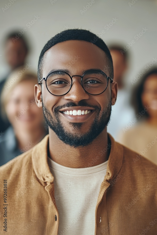 Portrait of a Confident Young Black Man Smiling, Wearing Glasses, in a Casual Office Setting Portrait of a Confident Young Black Man Smiling, Wearing Glasses, in a Casual Office Setting