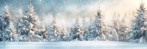 A snowy winter background with light snowfall, highlights the serene beauty of the season, with copy space photo