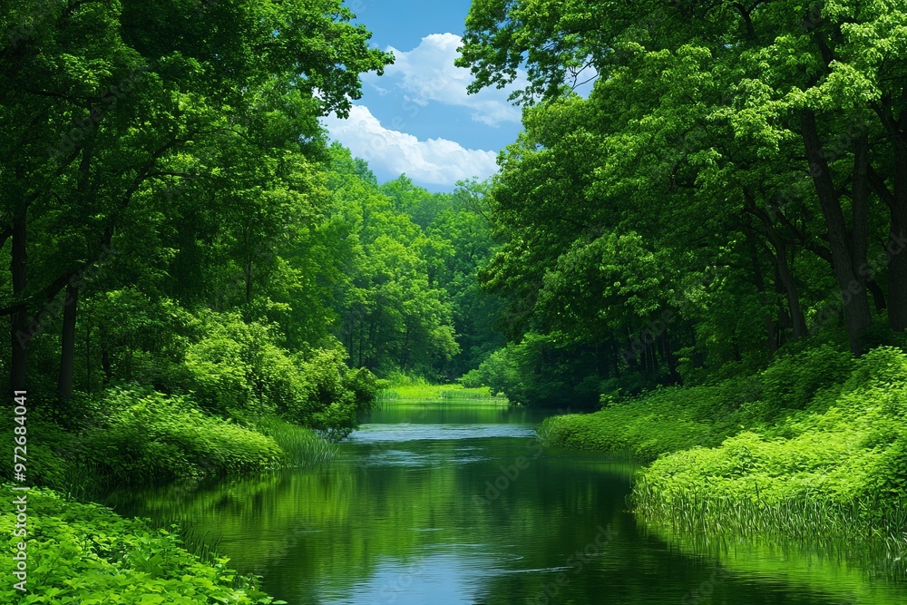 A serene stream flows through a vibrant green forest, surrounded by lush foliage and dappled sunlight.