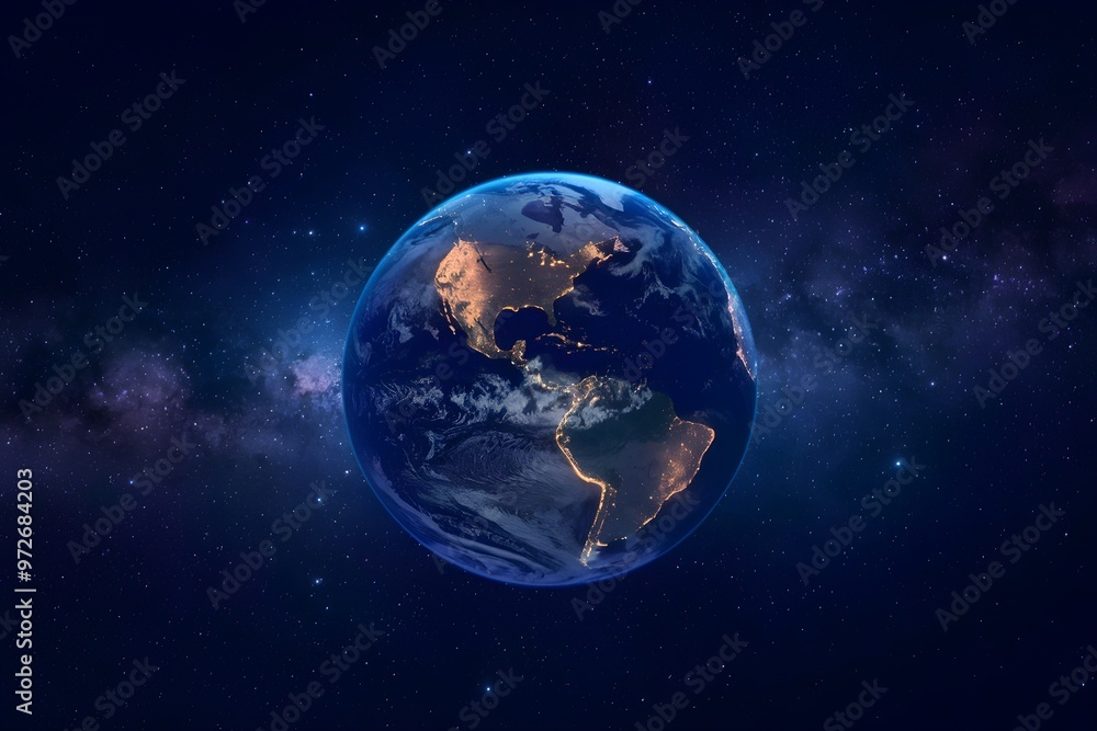 Stunning Earth view from space, illuminated by blue light, surrounded by stars Stunning Earth view from space, illuminated by blue light, surrounded by stars