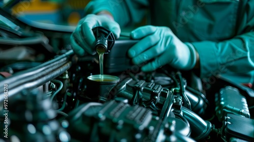 Mechanic pouring engine oil into car engine during maintenance