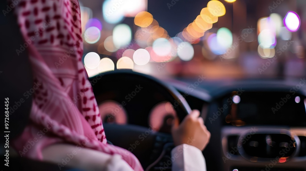 Arab man driving a car at night with city lights in the background. Arab man driving a car at night with city lights in the background.