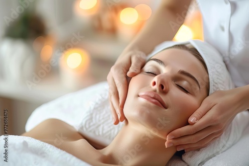 Beautiful woman enjoying a facial massage at a spa salon, indulging in self-care photo