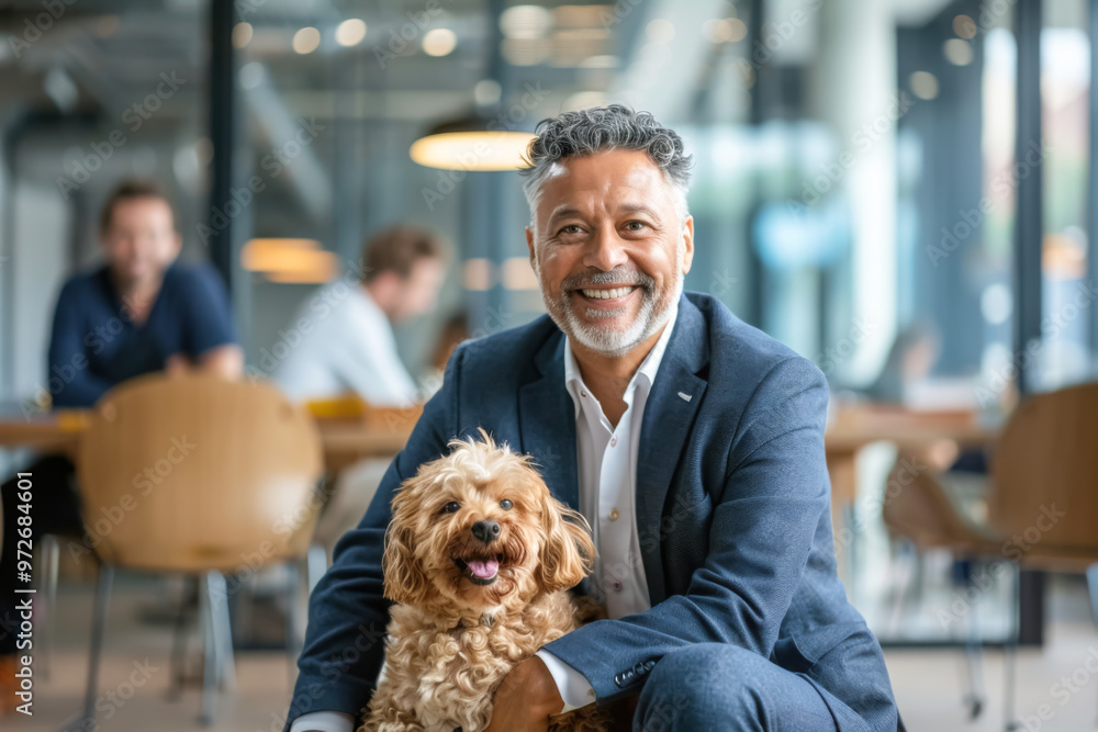 Business Professional with His Dog in a Spacious Cafe. A mature ...