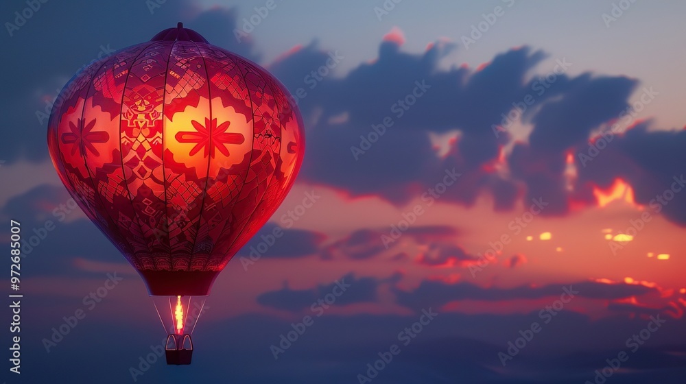 Fototapeta premium Hot air balloon with neon patterns on its envelope, glowing softly against the twilight
