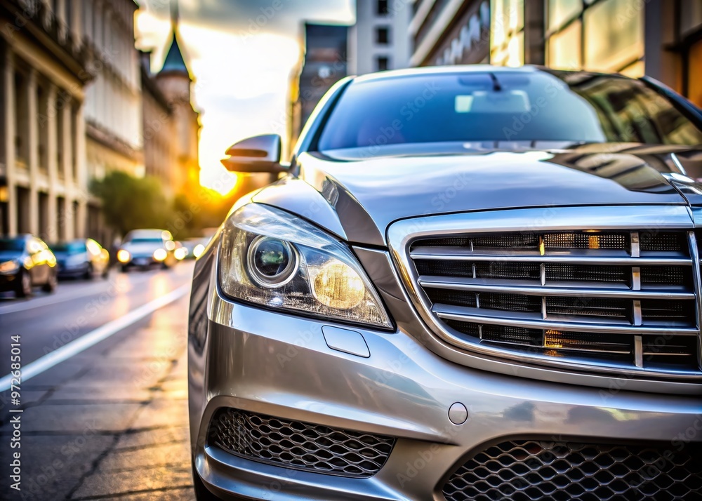 Sleek, silver luxury vehicle with chrome trim and gleaming headlights parked on a blurred city street, prominent emblem Sleek, silver luxury vehicle with chrome trim and gleaming headlights parked on a blurred city street, prominent emblem