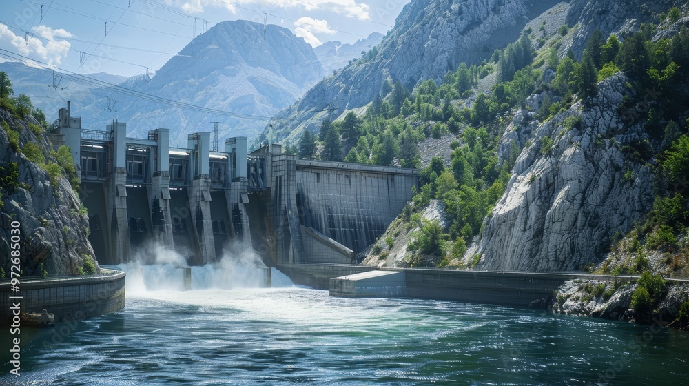 Hydroelectric power station in a mountainous region, with water flowing through turbines Hydroelectric power station in a mountainous region, with water flowing through turbines