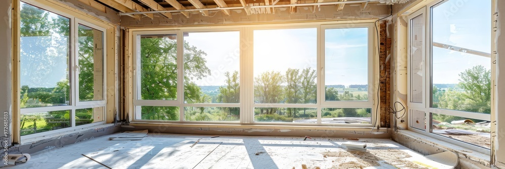 Large windows in unfinished room, offering stunning view. Large windows in unfinished room, offering stunning view.